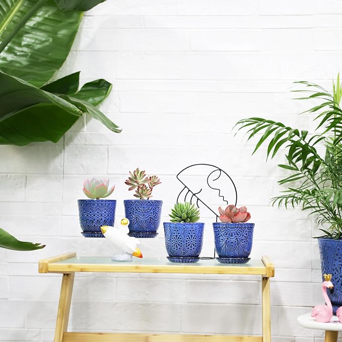 Gepege Ceramic Succulent Pots, 4 Inch Small Plant Pots with Drainage | Ceramic succulent pots with drainage holes, ceramic saucers and mesh pads, set of 4, ideal for cactus and succulents