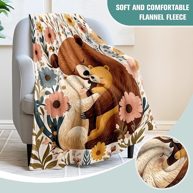 Jekeno Bear Gifts Blanket Cute Animal Botanical Floral Meadow Throw Blanket | 50x60 Inch Flannel Bear Blanket Gifts For Christmas Birthday Mother Day Women Men Kids Boys Girls Cute Family