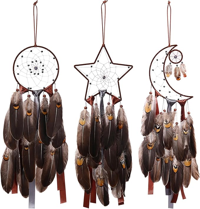 Jetec 3 Pcs Dream Catcher for Girl Star Sun Moon Decor, Brown