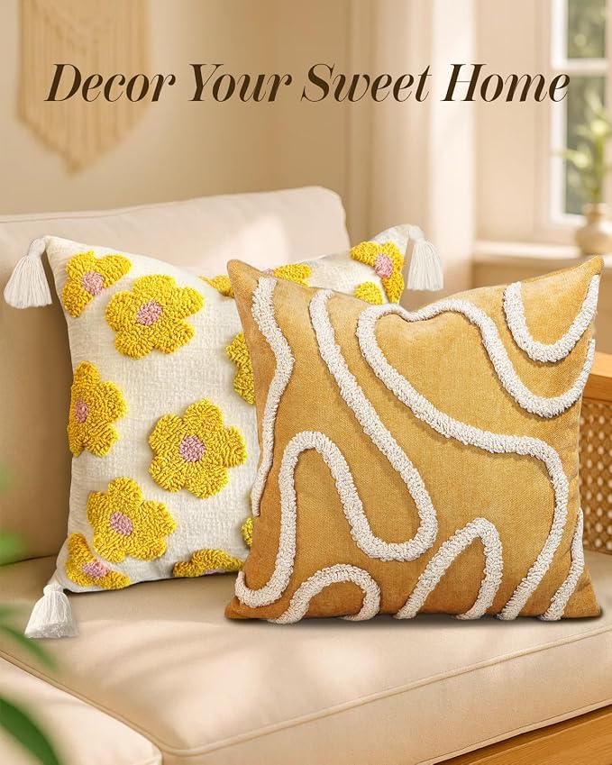 Throw Pillow Covers 18x18 - Tufted Boho Decorative Pillow Cover with Zipper for Couch Sofa Bed Living Room Aesthetic Soft Spring Summer Abstract Textured Indoor Pillowcase, Yellow Line