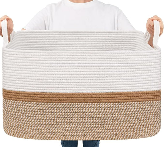 Goodpick Large Woven Rope Blanket Basket, Rectangle, White & Camel Mix | 21.6'' x 14.9'' x 11.8'' Storage Basket for Blankets & Toys, Living Room, Bedroom & Nursery Organization, Home Decor