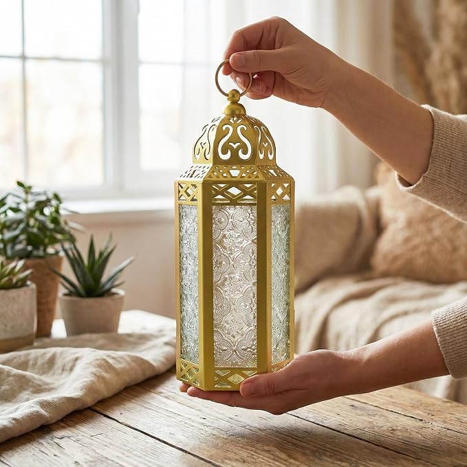 Vela Lanterns Decorative Indoor Fairy Light Ramadan Candle Holder, Gold, M | Eid Mubarak & Wedding Decorations, Turkish Moroccan Metal Hanging Lamp, Table Centerpieces, Outdoor Porch, 10.5" Tall