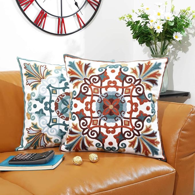 Throw Pillows Cover for Couch 18x18 inches Set of 2 Embroidered Pattern Decorative Pillow Case Covers for Living Room Sofa Bed Chair