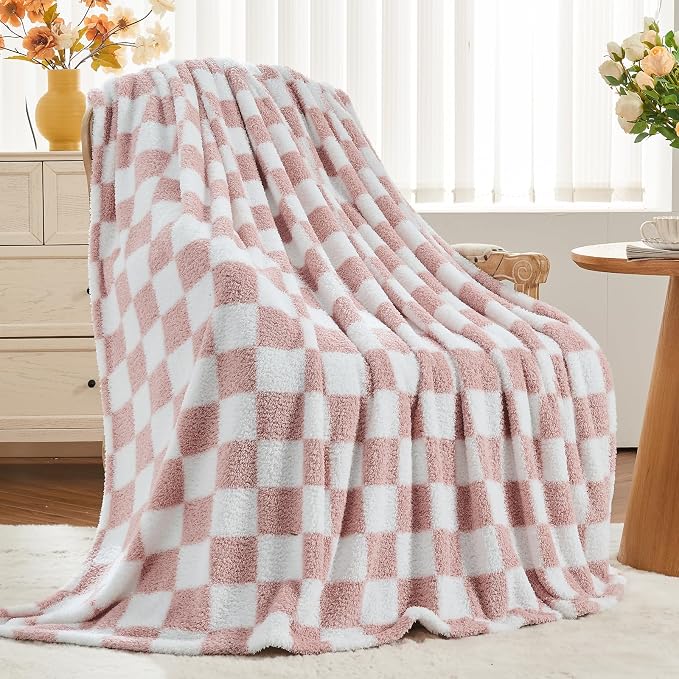 NEWCOSPLAY Knitted Throw Blanket for Couch Sofa Bed, Pink White, 50"x60" | Super Soft Plush, Fuzzy Fluffy Microfiber, Lightweight Cozy Blanket for Room Decor, All Season Use