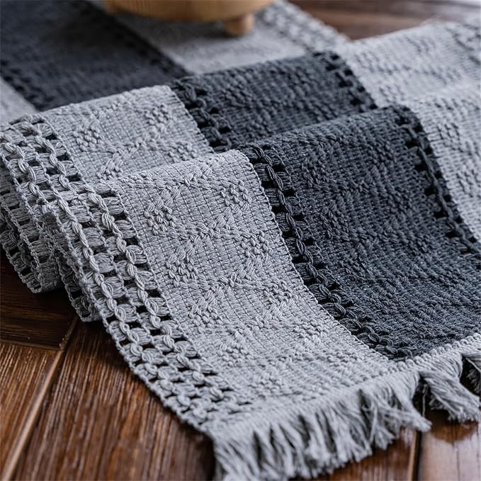 Macrame Table Runner Grey Boho Table Runners with Tassels 12x60in | Alynsehom Hand Woven Cotton Table Runner Rustic Farmhouse Table Runners for Bohemian Kitchen Dining Table