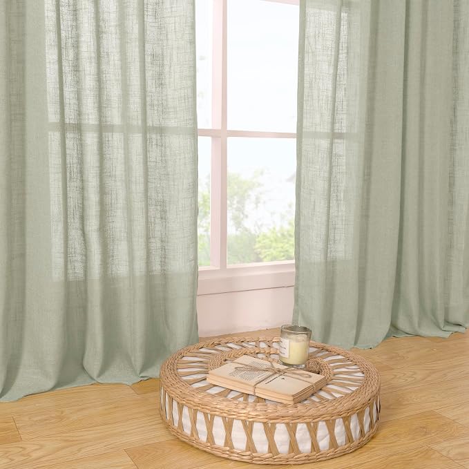 Sage Grey Linen Curtains 24 Inch Length for Cafe Small Window | Semi Sheer, Light Filtering Panels, Kitchen Window Over Silk, Basement, Rod Pocket Back Tab, 2 Panels, 34 x 24 Inch