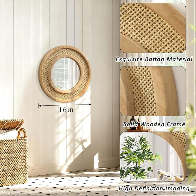 JJUUYOU Wooden Mirror Circle Mirrors for Wall 16 Inch Circular Hanging Mirrors with Wood Frame for Living Room Bathroom Vanity Entryway Hallway