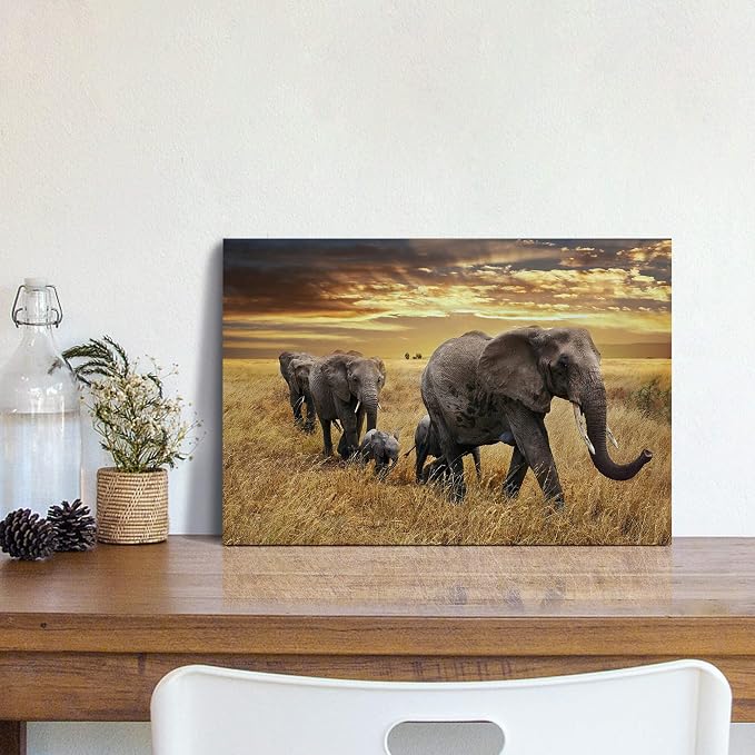 Elephant Family Picture Wall Decor - Yellow Wildlife Migration Painting - Autumn Sunset Artwork - Perfect for Bedroom & Bathroom, 16x12 inches