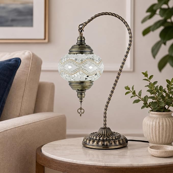 GOGERS Swan Neck Turkish Moroccan Lamp Handmade Stained Mosaic Glass Vintage Lamp Shade Bohemian Tiffany Style Bedside Night Lamp Lighting for Bedroom Living Room (White Golden)