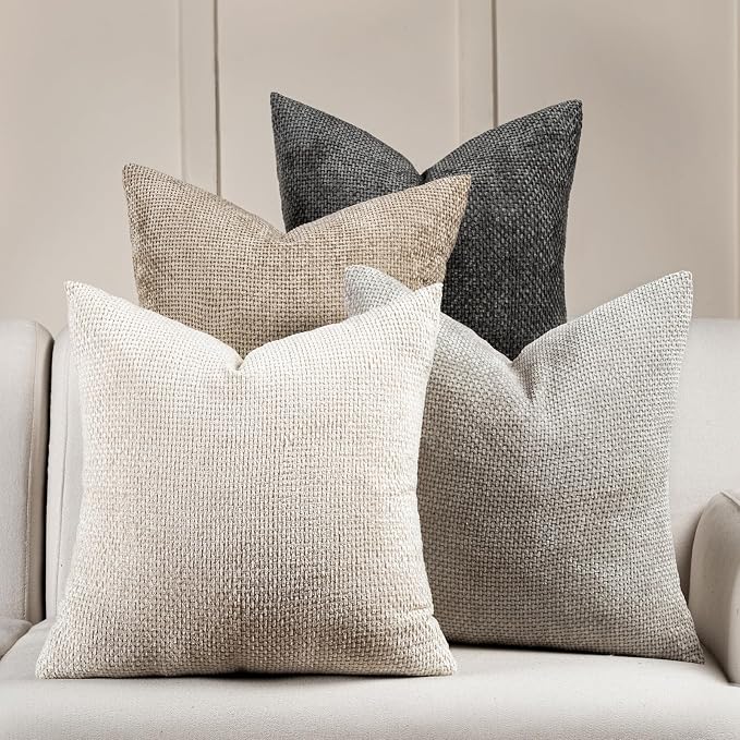 Volcanics Boho Throw Pillow Covers 18x18 Set of 4, Neutral Chenille Decorative Cushion Covers for Couch, Sofa, Bedroom, Living Room, Farmhouse & Mid-Century Modern Home Decor