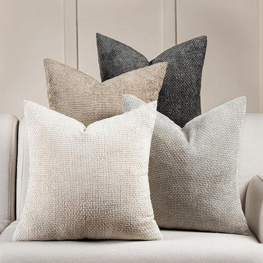 Volcanics Boho Throw Pillow Covers 18x18 Set of 4, Neutral Chenille Decorative Cushion Covers for Couch, Sofa, Bedroom, Living Room, Farmhouse & Mid-Century Modern Home Decor