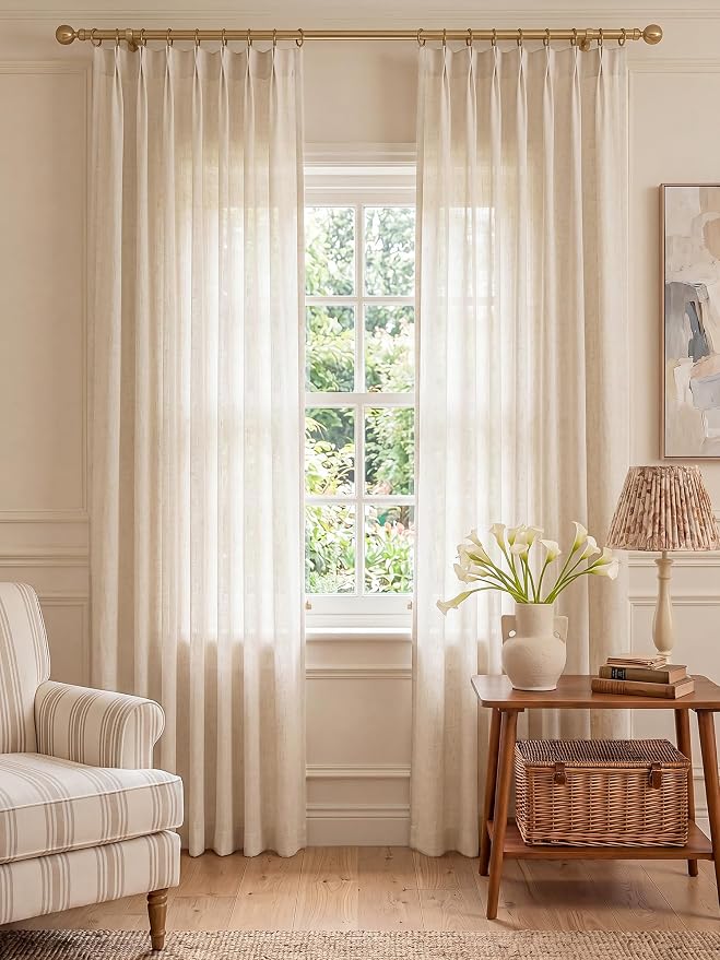 Liz Pinch Pleated Linen Curtains 92 Inches Long - Light Filtering Curtains for Living Room, Semi Sheer Window Curtains for Bedroom, Luxury Pinch Pleated Drapes with Hooks, Natural, 2 Panels Set