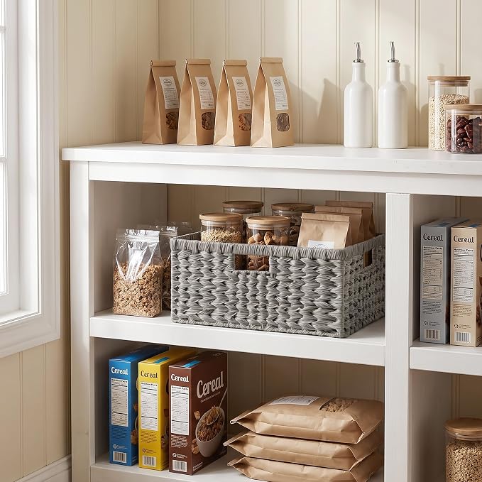GRANNY SAYS Wicker Baskets for Organizing, Waterproof Pantry Basket, 1-Pack | Plastic Wicker Storage Baskets for Shelves,Large Wicker Baskets for Storage,Handwoven Storage Baskets with Handle,Grey Basket