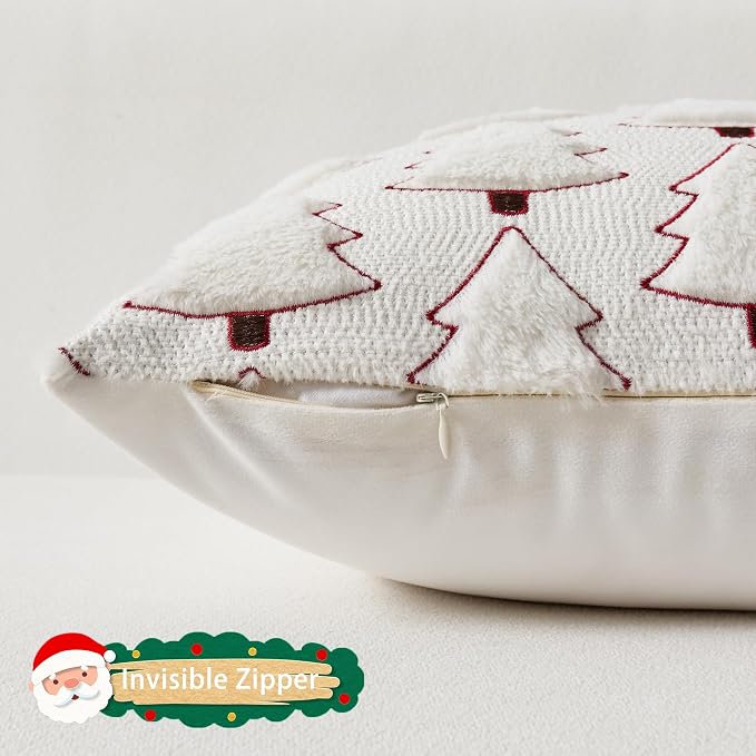 UGASA Christmas Tree Pillow Covers 18x18 Inch Set of 2 Soft Plush Faux Fur Luxury Embroidery Decoration Pillowcases for Couch Sofa Holiday Festivals Winter Xmas Gift, Cream White & Red