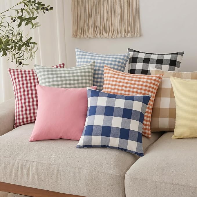 CARRIE HOME Set of 2 Farmhouse Sage Green Gingham Throw Pillow Covers 18x18 Checkered Plaid Decorative Pillow Cover Classic Retro Plaid Decor for Room Patio and Porch, Grey Green and White Gingham