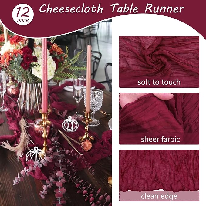 12 Pack 10Ft Cheesecloth Table Runner 35x120 Inch Boho Gauze Table Runner Rustic Cheese Cloth Long Romantic Table Runners for Wedding Bridal Shower Birthday Party Table Decor (Burgundy)