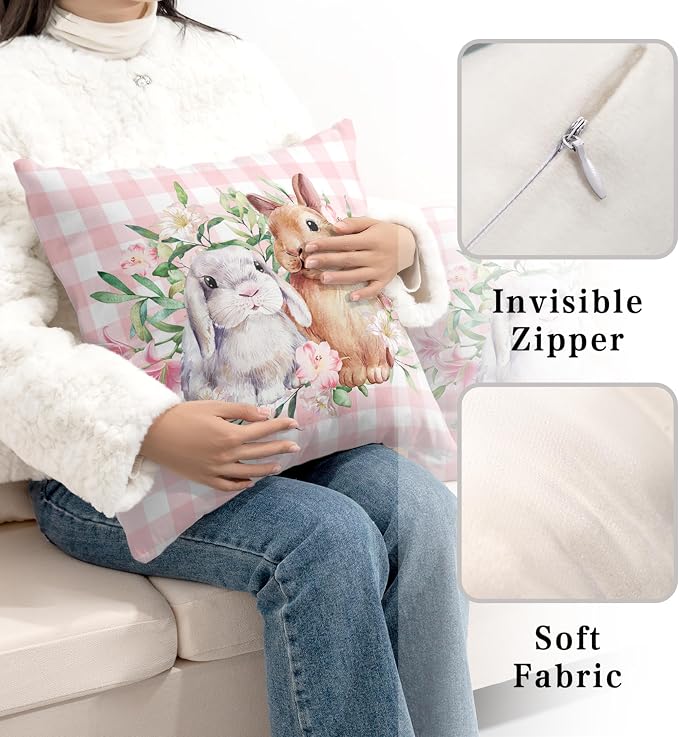 Spring Easter Pillow Covers 20x20 Pack of 2 Lovely Rabbit with Lily Flower Throw Pillow Covers Pink Plaid Bunny Pillow Case for Spring Easter Decoration Sofa Patio Garden