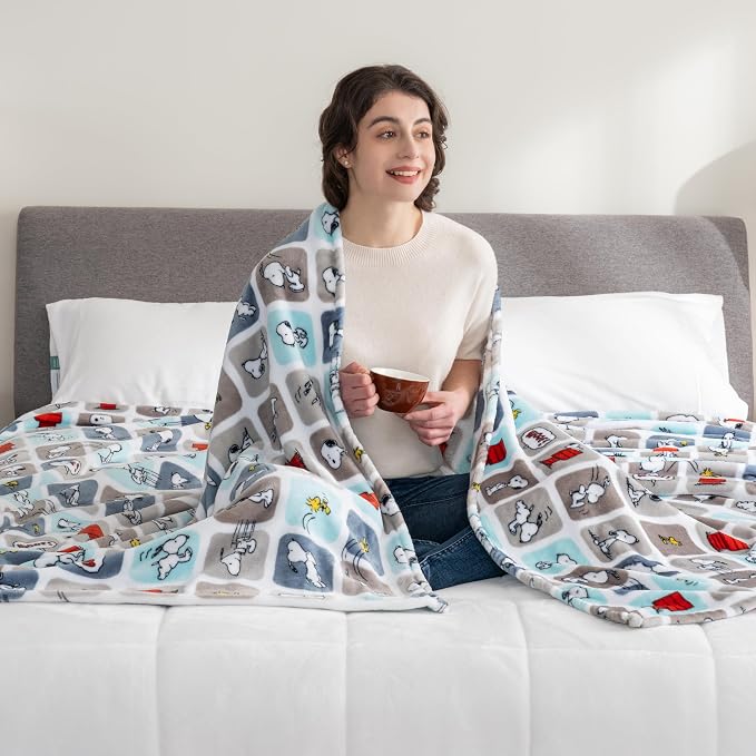 Berkshire Blanket Peanuts® VelvetLoft® Cute Character Snoopy Plush Blanket,Woof Blue,Full/Queen 90 in x 90 in (Official Peanuts® Product)