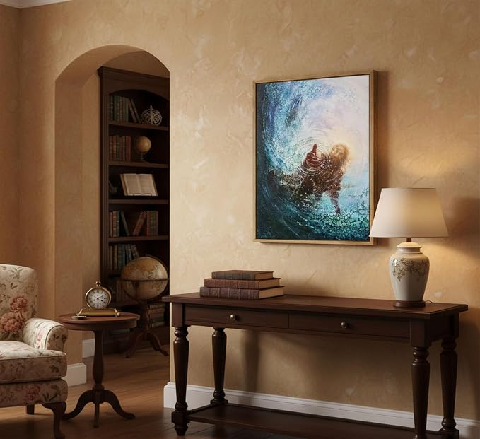 Framed Farm Jesus Christian Canvas Wall Art | Hand of God Reaching Into Water Picture Bible Christ Religion Wall Decor Poster Print for Living Room Bathroom Church Home