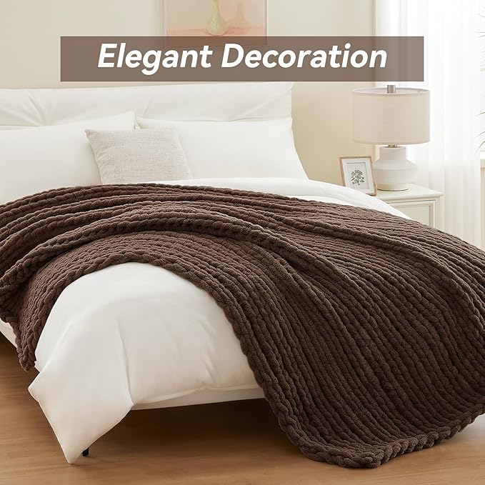 Negwoo Chunky Knit Throw Blanket, Knitted Throw Chenille Yarn, 30"*40" | Soft Thick Cable Knitted Blankets, Handmade Big Thick Blanket, Machine Washable Cute Comfy Blanket for Home Decor, Dark brown