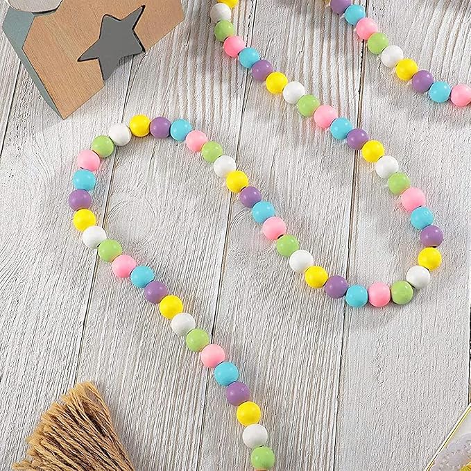 Easter Wood Beads Garland with Tassel, 2 Pack Spring Boho Decor, 34" Long, Pink, Blue, Yellow, Green, Lavender, White Beads, Round Shape