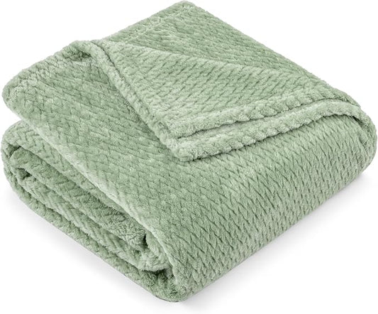 PAVILIA Soft Fleece Light Green Throw Blanket for Couch, Lightweight Plush Warm Blankets for Bed, Fuzzy Cozy Flannel Blanket Throw for Sofa, Travel, Jacquard Pattern, Sage Green, Twin, 60x80 inch