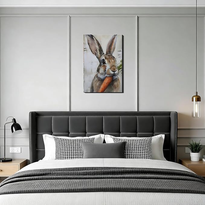 Rabbit Eating Carrot Framed Canvas Wall Art, Vintage Bunny Portrait Canvas Prints, Easter Rabbit Artwork for Living Room, Animal Painting Bedroom Office Bathroom Wall Decor