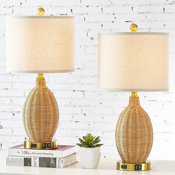 CINSARY Touch Control Rattan Table Lamps, 3 Way Dimmable Bedside Lamps for Bedroom Set of 2 with 2 USB Ports and AC Outlet, Wicker Nightstand Lamps for Living Room (LED Bulbs Included), Gold