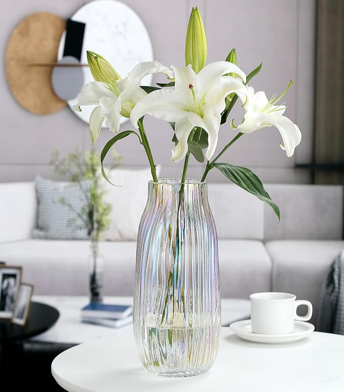 Large Colored Glass Vase for Home Decor Ribbed Tall Gold Floor Vase 12.0" Decorative Vases for Table Centerpieces Flowers Decor and Farmhouse(Colored 8.0in)