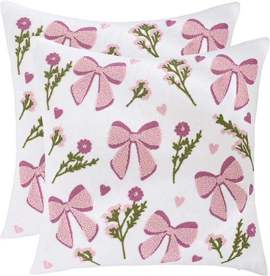 LUOYEHK Spring Embroidered Pillow Covers 18x18 Inch Set of 2 Decorative Throw Pillow Cover Pink Bow and Flower Soft Cushion Case Square Pillowcase for Couch Sofa Bed Living Room