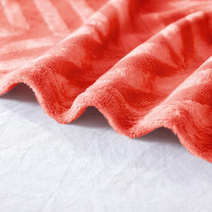 Whale Flotilla Flannel Fleece Bed Blanket King Size, Coral | Lightweight Breathable Soft Bedspread, Plush Fluffy Coverlet Chevron Design Decorative Blanket for All Season, 90x104 Inch