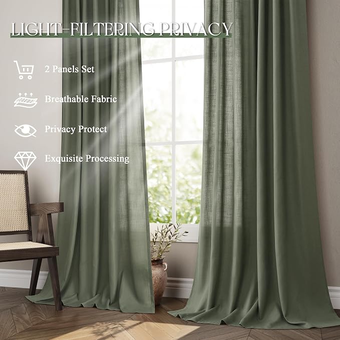 Jowels Olive Green Linen Curtains 40 Inch Long 2 Panels for Living Room | Loden Light Filtering Semi Sheer Curtain, Back Tab Pocket Pleated Look,Farmhouse Textured Privacy Drapes for Bedroom Window