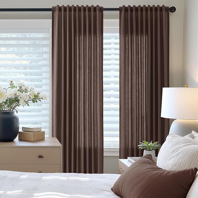 Extra Long Linen Curtains 108 Inches for Living Room Back Tab Semi Sheer High Floor to Ceiling 9ft Light Filtering Curtain Boho Farmhouse Decor Window Drapes for Bedroom 2 Panels Coffee