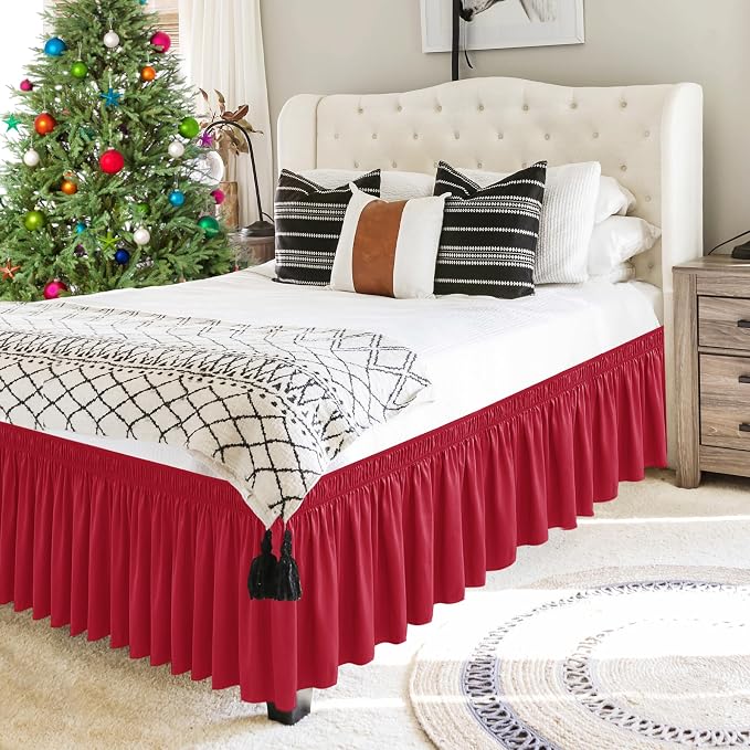 Wrap Around Queen Size Bed Skirt 12 Inch Drop-Elastic Dust Ruffle Red | Adjustable Pleated Bedskirt-Easy Fit Wrinkle Resistant Washable Hotel Quality Fabric Bed Skirting-Master Guest Bedroom Rental