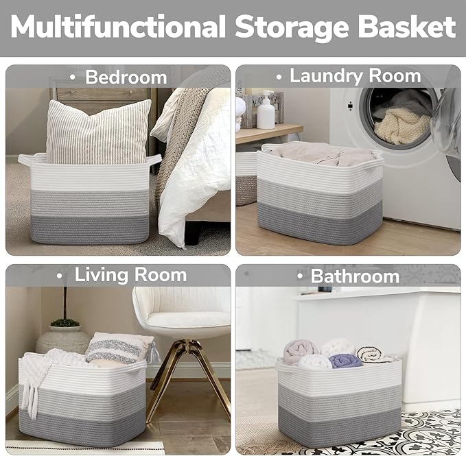 Goodpick 50L Large Woven Storage Basket, 18" x 14" x 12", Gradient Gray | Stylish Gift Basket for Home Decor, Cotton Rope Baskets for Toys & Nursery Essentials, Living Room & Bedroom Organization