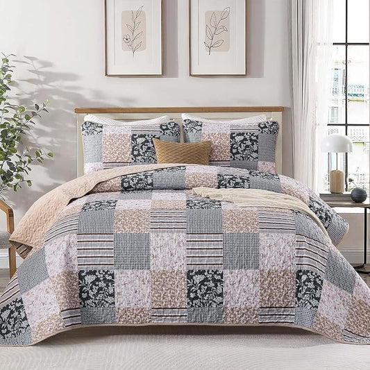 Mybedsoul Blue Brown Quilts Queen Size, Patchwork Floral Bedding Set | Soft Lightweight Microfiber Coverlet Set, 3 Pieces Plaid Reversible Bedspread, Bed Sets for All Seasons 96"x90"