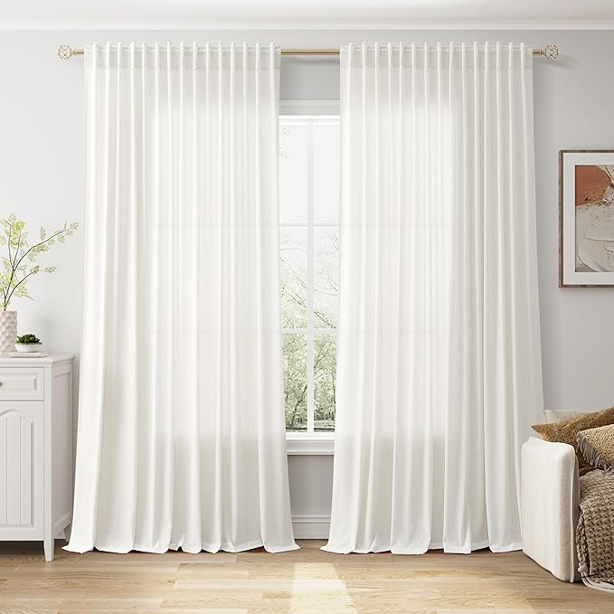 Extra Wide Beige White Curtains for Living Room 90 Inches Long Semi Sheer Curtain for Coastal Room Decor Linen Farmhouse Drapes for Bedroom Back Tab and Rod Pocket 100x90, 2 Panels