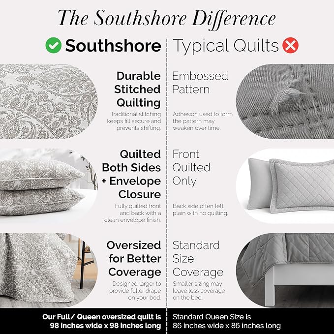 Southshore Fine Living, Inc. Ashanti Collection Oversized Queen Quilt Bedding Set, Prewash Fabric, Soft Coverlet 3-Piece with Two Matching Pillow Shams (98 in Wide x 98 in Long), Full/Queen, Bone