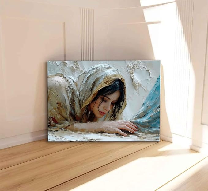 LCZDXGR Christian Wall Art Woman Touching Jesus Hem Canvas Framed 24x16in | Biblical healing miracle canvas with soft neutral tones for prayer room, bedroom, living room, church office, or faith gifts