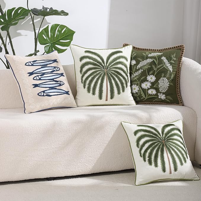 LUOYEHK Summer Embroidered Throw Pillow Covers 18x18 Inch Set of 2 Green Tropical Palm Tree Pillow Cover Spring Farmhouse Decorative Pillowcase Square Cushion Covers for Couch Sofa Bed Home Decor