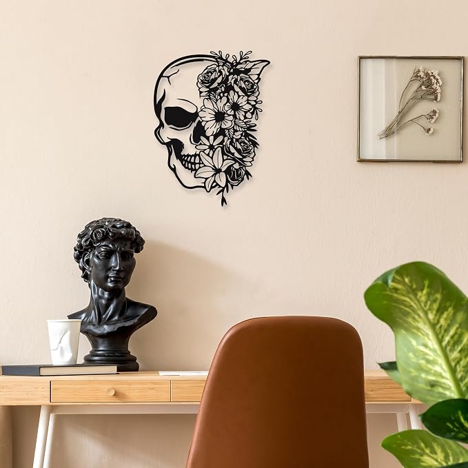 Rajukit Skull Wall Decor with Floral, Gothic | 3D metal skeleton with flowers; waterproof 14.4x10.7in; for bedroom, gothic room, patio; year-round goth/halloween; gift