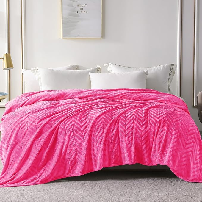 Whale Flotilla Flannel Fleece Bed Blanket Twin Size, Hot Pink | Lightweight Breathable Soft Bedspread, Plush Fluffy Coverlet Chevron Design Decorative Blanket for All Season, 60x80 Inch