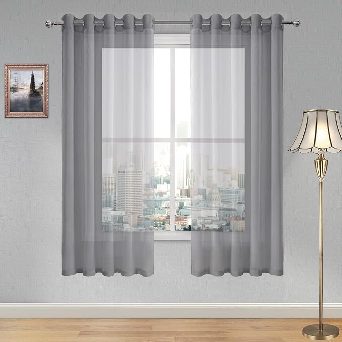 DWCN Sheer Curtains, Grommet Top Grey Faux Linen Look Voile Semi Transparent Solid Window Sheer Curtains Drapes for Bedroom Living Room, Set of 2 Panels 70 x 84 Inch Long, Grey