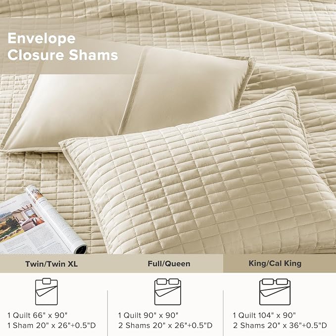Comfort Spaces Kienna King Quilt Bedding Set 3 Piece, 104"x90" Ivory | Soft Cozy Lightweight Summer Coverlet Cal King, Quilted Bedspreads Extra Layer, Modern Casual Bedroom Decor, OEKO-TEX