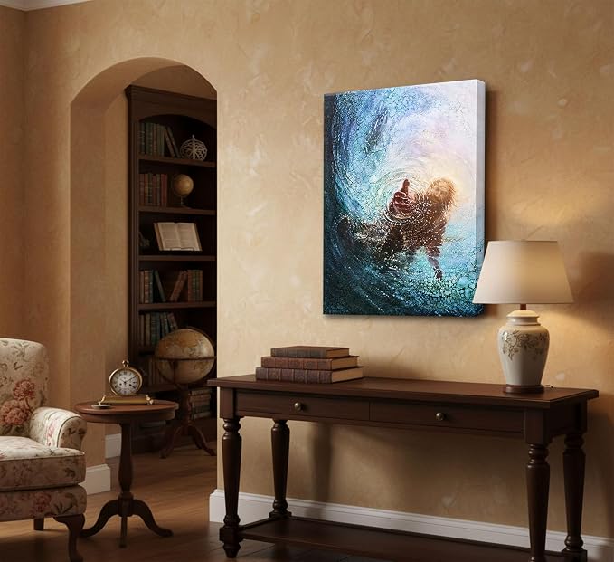 DYLGYWI Jesus Christian Canvas Wall Art | Hand of God Reaching Into Water Picture Bible Christ Religion Wall Decor Poster Print for Living Room Bathroom Church