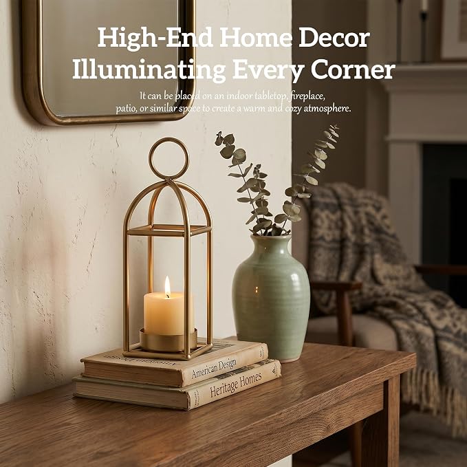 12.3" Outdoor Decorative Lanterns, Metal Candle Lanterns, Farmhouse Lantern Decor, Antique Gold Iron Lantern Candle Holders for Fireplace Mantel, Table Centerpiece,Home Decor