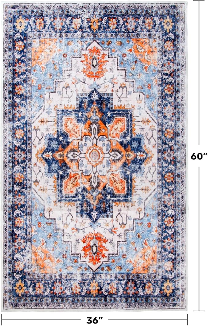 Blue 3x5 Entryway Rug, Non Slip Indoor 3x5 Washable Rug | Soft faux wool, machine washable & stain resistant. Non-slip rubber backing, low pile. For entryway, kitchen, hallway.