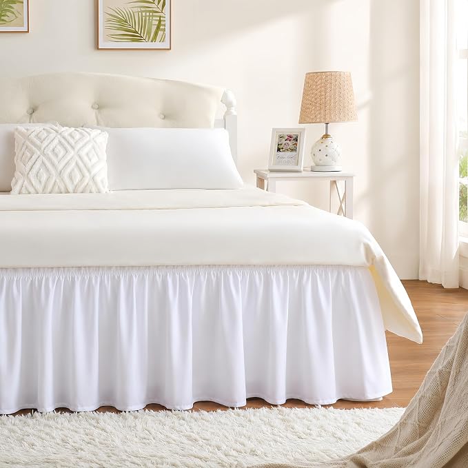 White Bed Skirt Queen Size 12 Inch Drop, Elastic Wrap Around Bedskirt | Solid Ruffled, Easy to Use, No Mattress Lifting, Wrinkle & Fade Resistant, with Adhesive Strips, Machine Wash/Dry/Iron