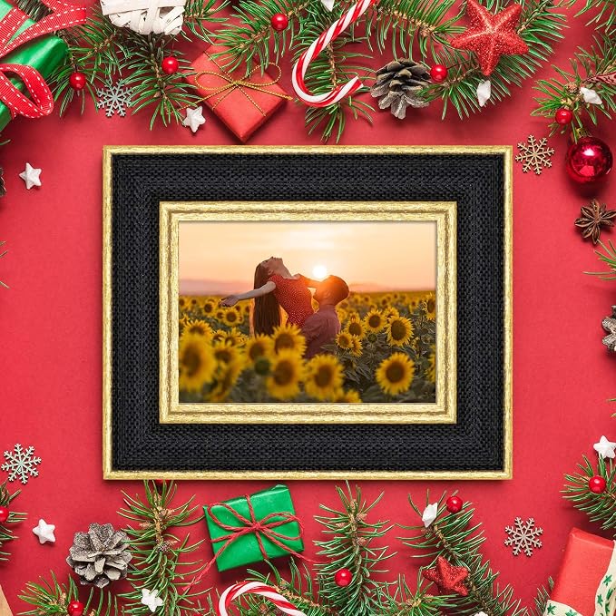 5x7 Picture Frame - Black Fabric & Vintage Gold Border HD Real Glass with Easel for Tabletop/Wall (Family Photos, Modern Decor 1 Pack)
