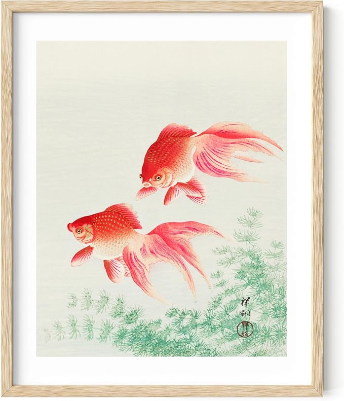 HAUS AND HUES Japanese Wall Art - Goldfish Artwork Framed Print, Japandi Asian Wall Art, Japanese Poster for Bedroom or Living Room, 24x36 Beige Frame